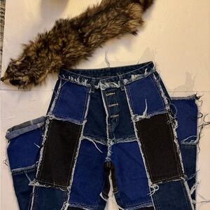 SHEIN Patchwork Flare Jeans - Blue and Black